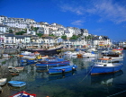 UK, Devon, BRIXHAM, town centre, fishing harbour, boats and replica of Golden Hind ship, DEV376JPL