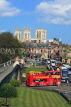 UK, Yorkshire, YORK, City Walls, York Minster in background, and tour bus, UK3134JPL