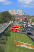 UK, Yorkshire, YORK, City Walls, York Minster in background, and tour bus, UK3135JPL