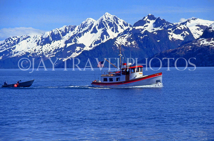 USA, ALASKA, Cape Resurrection, fiishing boat and mountain scenery, US2686JPL