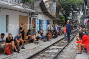 Vietnam, HANOI, Old Quarter, Train Street, tourists waiting to watch the train approach, VT1125JPL