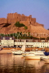 Channel Islands, JERSEY, Gorey, Mt Orguel Castle and boats, evening light, UK2505JPL