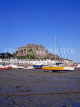 Channel Islands, JERSEY, Gorey, Mt Orguel Castle and boats at low tide, UK10372JPL