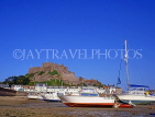 Channel Islands, JERSEY, Gorey, Mt Orguel Castle and boats at low tide, UK10374JPL