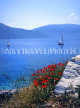 Greek Islands, KEPHALONIA, coastal view with small sailboat and poppies in foreground, GIS521JPL