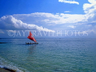 Indonesia, BALI, Sanur Beach, outrigger canoe (Jakung) with tourists at sea, BAL1025JPL