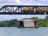THAILAND, Kanchanaburi, train crossing the Death Railway Bridge over River Kwai, THA2201JPL
